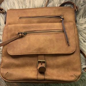BRAND NEW Cross body leather look camel brown.